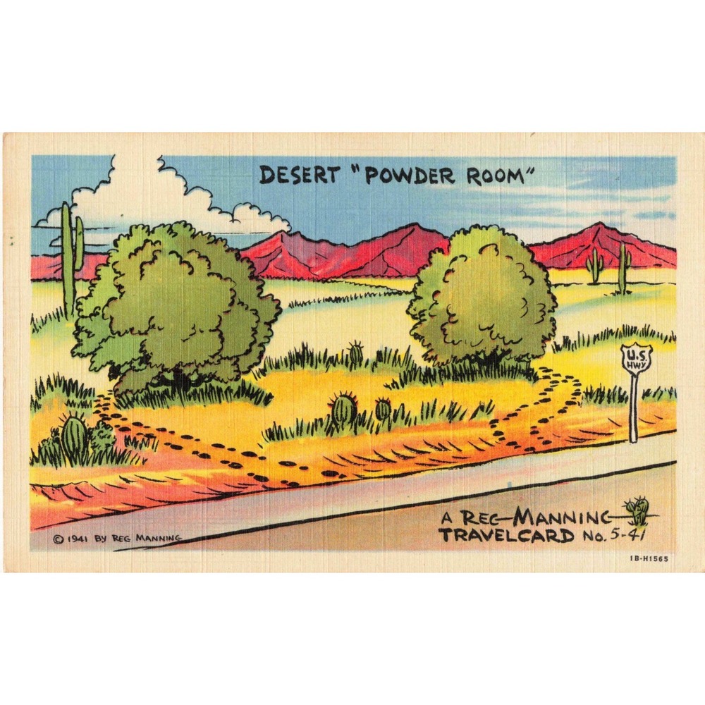 Vintage 1941 Reg Manning Travelcard Desert Powder Room Linen Postcard No. 5-41 - Picture 1 of 2
